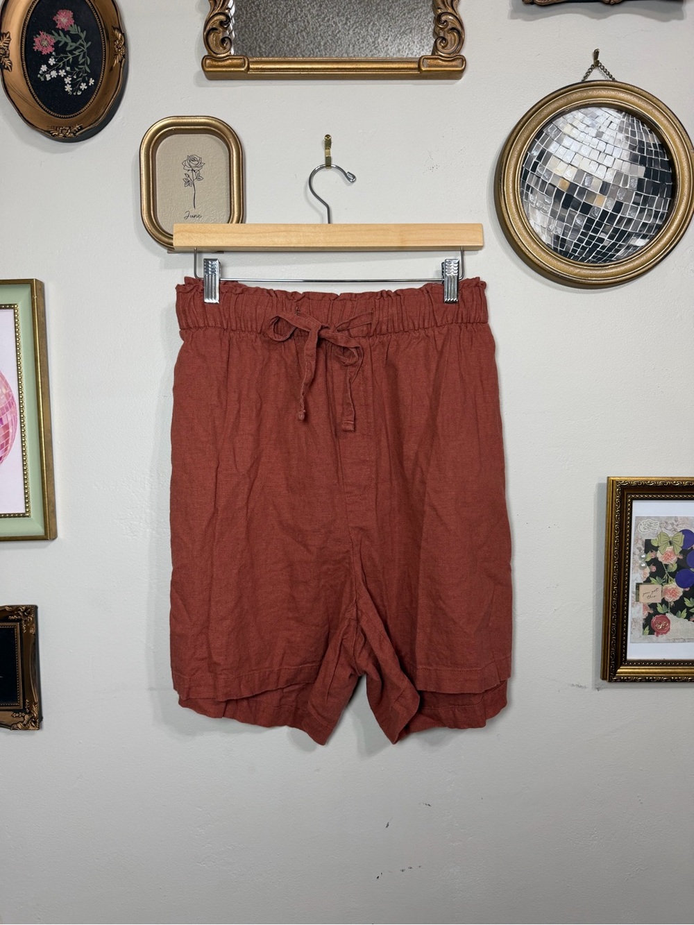 Ava & Viv High-Waist Drawstring Linen-Blend Shorts in Rust